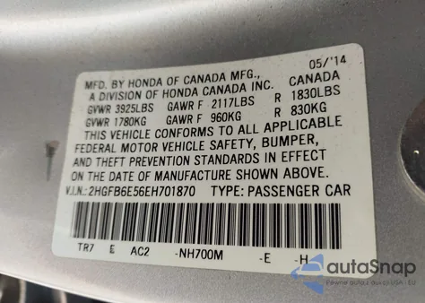 2014 Honda Civic Si from USA, damaged, VIN 2HGFB6E56EH701870